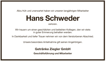 Traueranzeige von Hans Schweder von Pegnitz-Zeitung